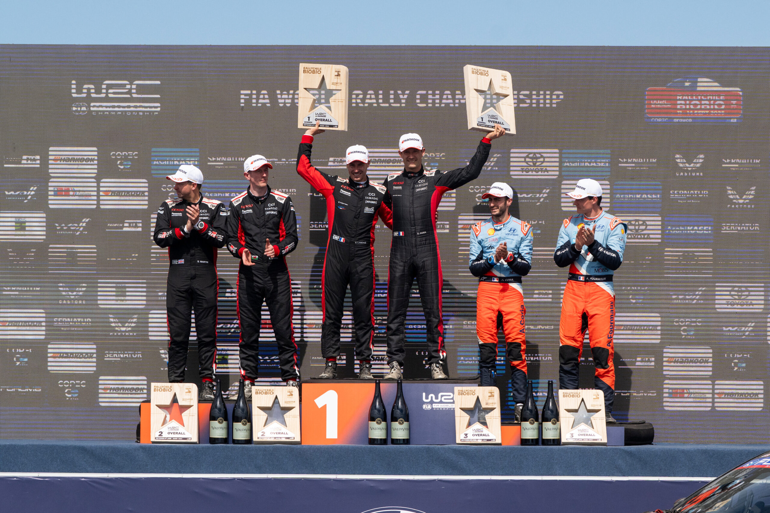 Sébastien Ogier (FRA) Vincent Landais (FRA) Of Toyota Gazoo Racing Wrt celebrate on the podium in first place after winning the World Rally Championship in Conception, Chile on September 14, 2025. // Jaanus Ree / Red Bull Content Pool // SI202509141110 // Usage for editorial use only //