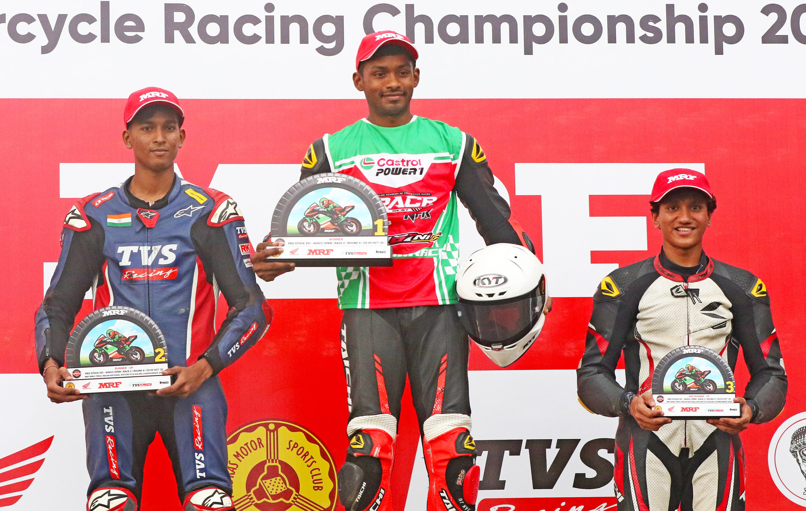 The top 3 finishers in Pro-Stock 301-400cc Open - Rahil Pillarisetty (winner, centre), Sarthak Chavan (second, left) and Rakshith Dave (third, right). (Oct 5)