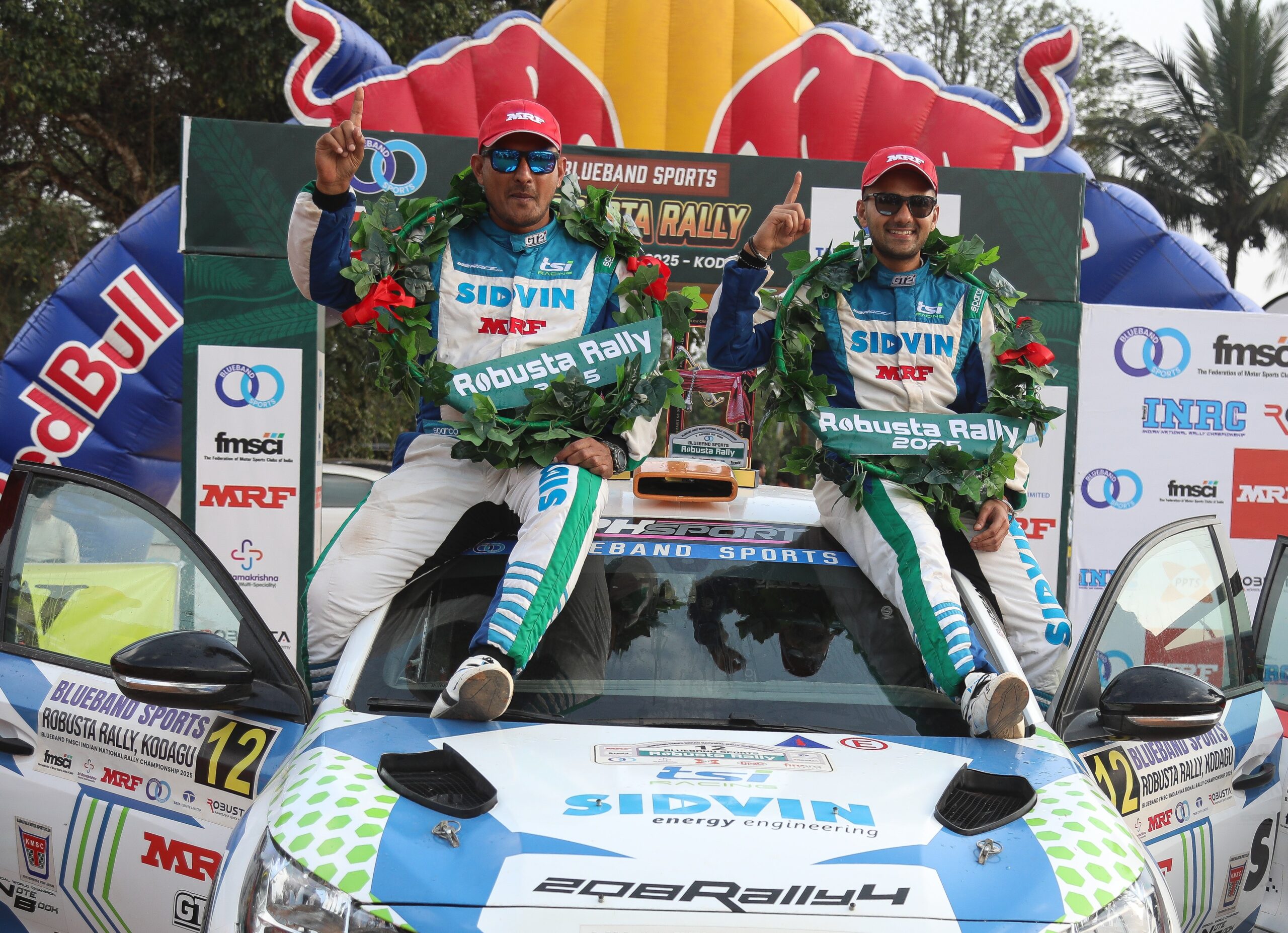 Dean Mascarenhas, right, and Gagan Karumbaiah overall winners or Robusta Rally, 3rd round of INRC 2025 at Ammathi on sunday