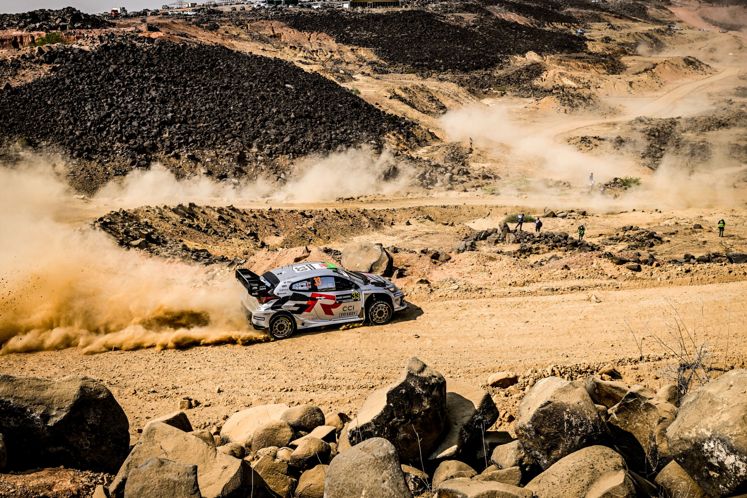 Elfyn Evans, Scott Martin of team Toyota Gazoo Racing WRT during stop 14 of the FIA World Rally Championship in Jeddah, Saudi Arabia on November 26, 2025. // WRC Promoter GmbH / Red Bull Content Pool // SI202511260191 // Usage for editorial use only //