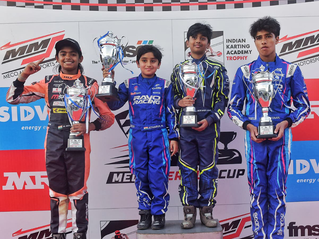 Indian Karting Academy Trophy 2026 Rivaan Dev Preetham, Atharv Hemani, Micah Hayden Andrews and Kiaan Shah.