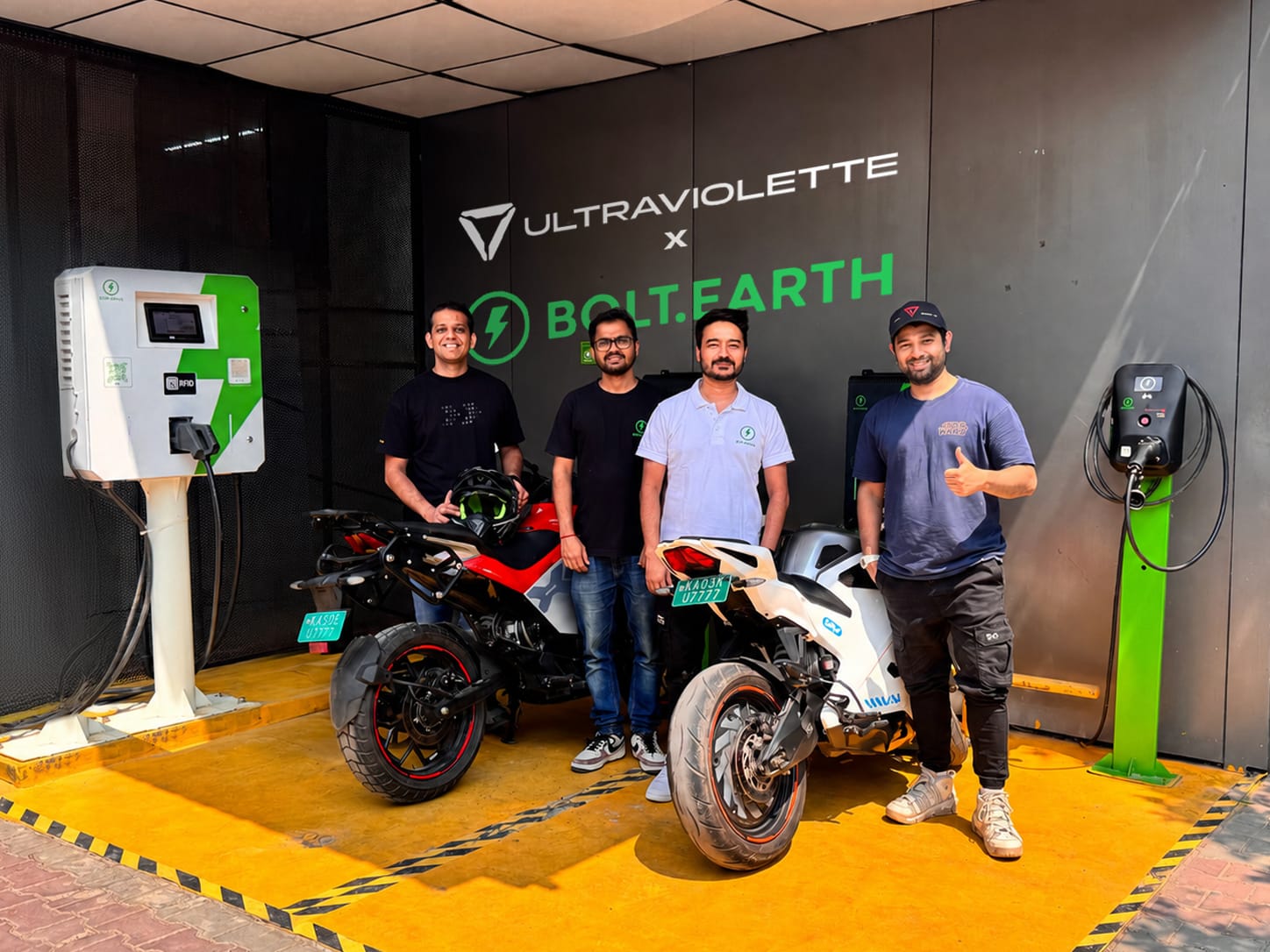 (L–R) Niraj Rajmohan, Co-founder & CTO, Ultraviolette; Jyotiranjan Harichandan, Founder, Bolt; Mohit Yadav, Founder, Bolt; and Narayan Subramaniam, Co-founder & CEO, Ultraviolette.