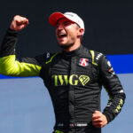 SANYA, CHINA - JUNE 20: Race winner Jake Dennis of Great Britain and Andretti Formula E celebrates on the podium during the Sanya E-Prix, Round 11 of the 2026 FIA Formula E World Championship at Sanya Street Circuit on June 20, 2026 in Sanya, China. (Photo by Joe Portlock/LAT Images)