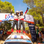 Sébastien Ogier (FRA) and Vincent Landais (FRA) of team TOYOTA GAZOO RACING WRT celebrate on the podium in first place after winning the WRC Rally1 category at EKO Acropolis Rally Greece in Loutraki, Greece on June 28, 2026. // Jaanus Ree / Red Bull Content Pool // SI202606280407 // Usage for editorial use only //