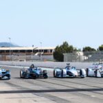 LE CASTELLET, FRANCE - APRIL 21: James Rossiter of Great Britain driving the GEN4 Formula E car, Jake Dennis of Great Britain driving the GEN3 Formula E car, Nyck de Vries of the Netherlands driving the GEN2 Formula E car, and Sebastien Buemi of Switzerland driving the GEN1 Formula E car, line up on the grid during the Formula E GEN4 Launch at Circuit Paul Ricard on April 21, 2026 in Le Castellet, France. (Photo by Simon Galloway/LAT Images)