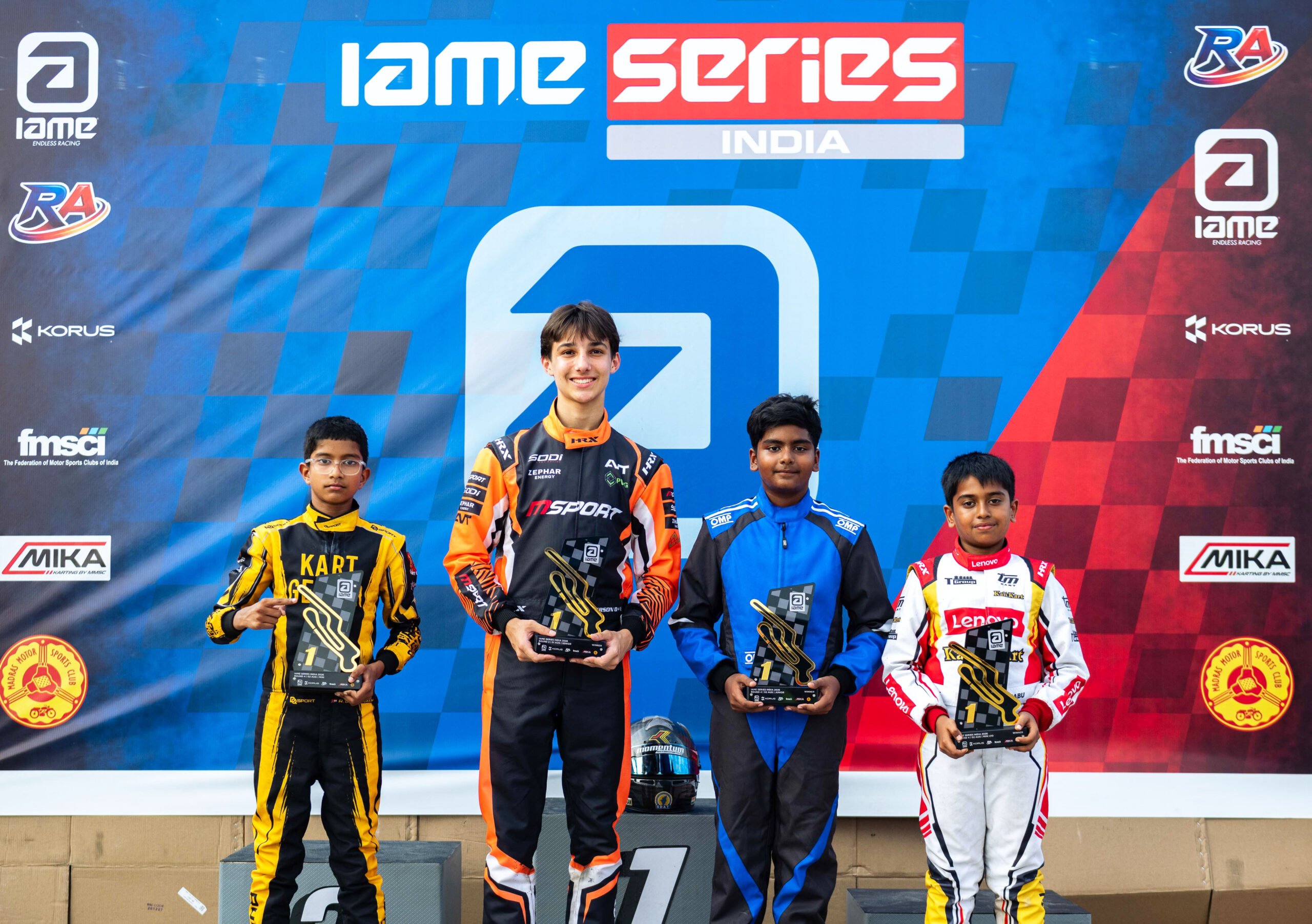 IAME India Series Karting (left to right) - Rudra Gokulnath, Kairav Roberson, Rehan Khan Rasheed and Aaruthran Prabhu