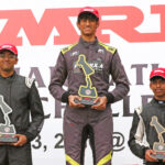 MRF F2000 race winner Saishiva Sankaran (centre) flanked by Aditya Patnaik (left, second) and Swarnav Das (third)