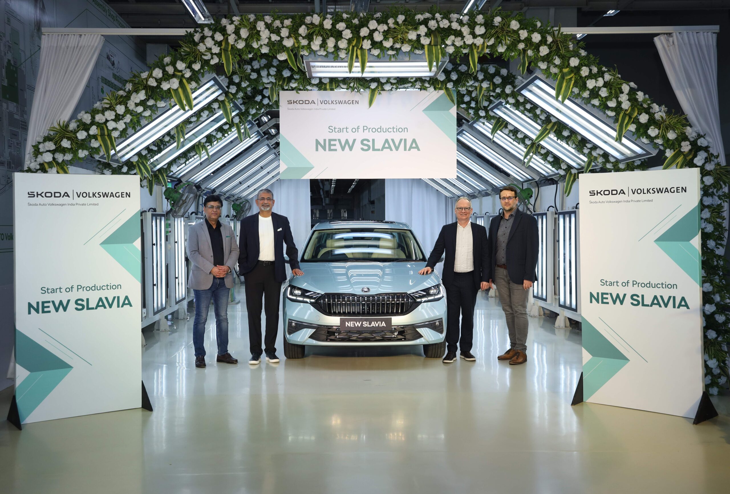 New Škoda Slavia now in production (second from left) Piyush Arora - Managing Director & CEO, Škoda Auto Volkswagen India with Andreas Dick, Chief Production Officer - Škoda Auto a.s.; Jiri Masin -
