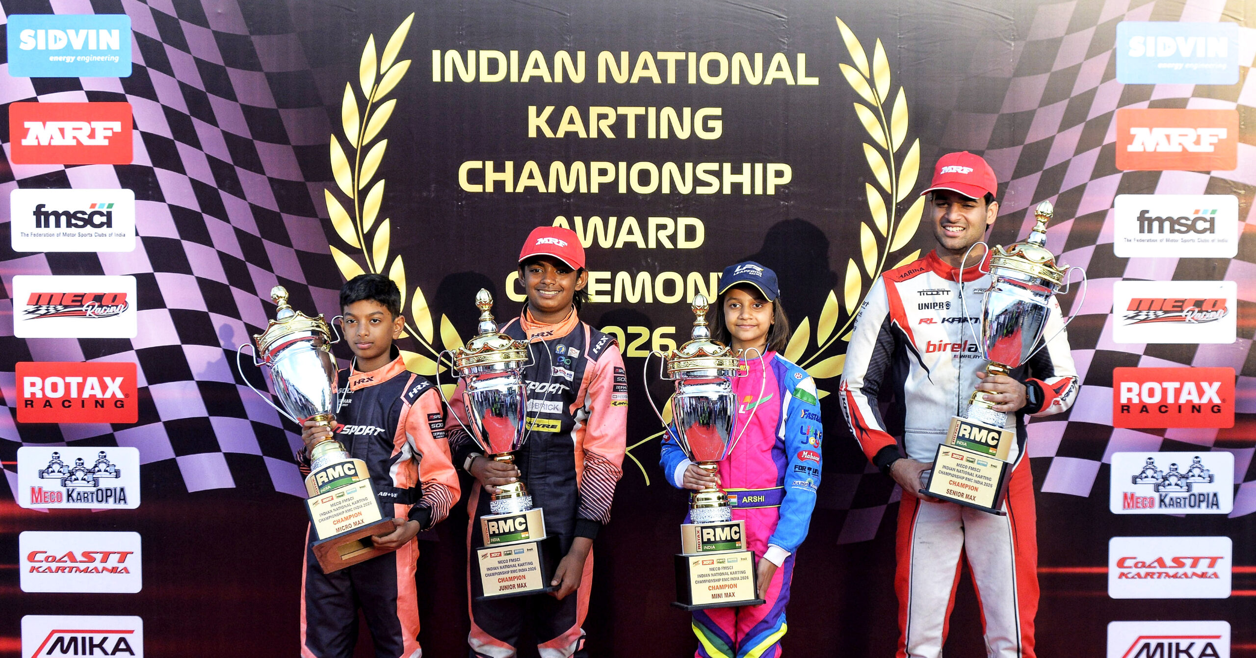 The 2026 National Karting champions (left to right) - Ayansh Patil, Rivaan Dev Preetham, Arshi Gupta and Krish Gupta.